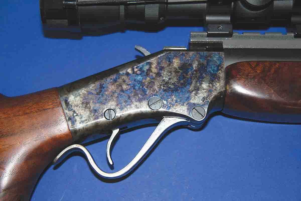 Falling Block Works sold both loose actions and completed rifles. This rifle was built from a loose action, an H action that was later case hardened. It was fitted with a fairly heavy, 26-inch barrel.